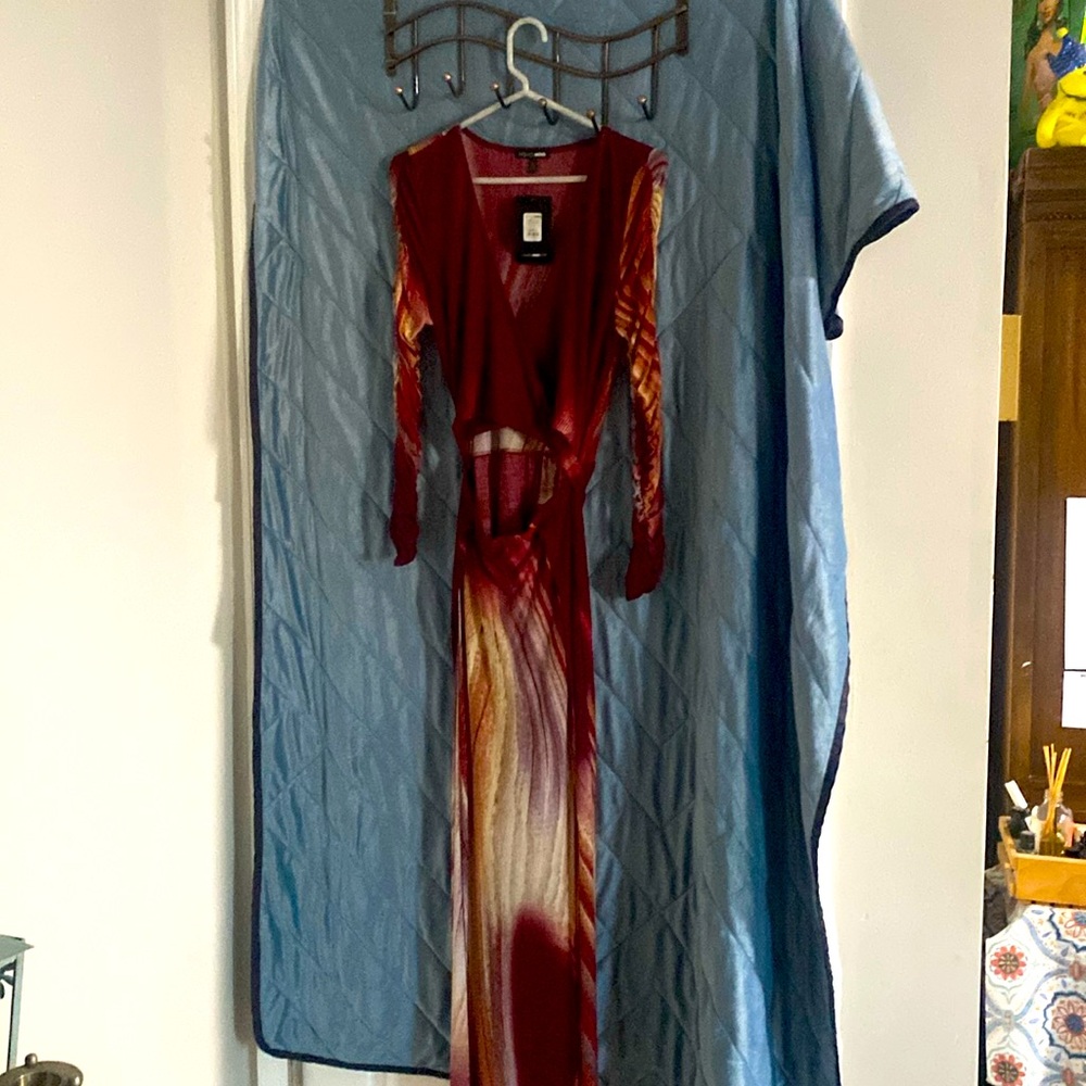 Still tagged! Large wine colored belted long sleeve maxi dress w/cutout stomach.